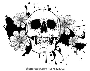 Human skull and flower wreath. Los muertos. Vector illustration.