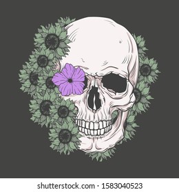 Human skull and flower wreath. Los muertos. Vector illustration.