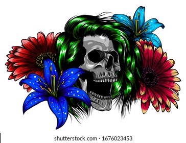 Human skull and flower wreath. Los muertos. Vector illustration.