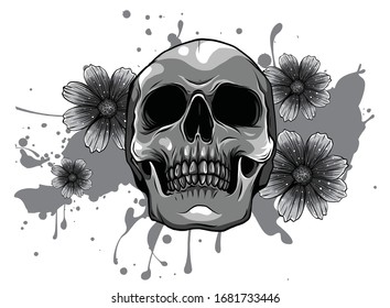 Human skull and flower wreath. Los muertos. Vector illustration.