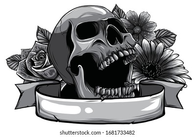 Human skull and flower wreath. Los muertos. Vector illustration.