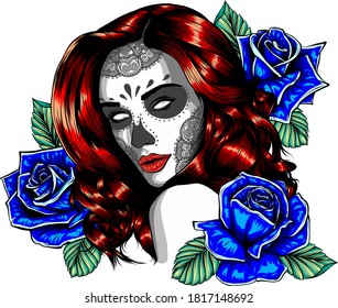 Human skull and flower wreath. Los muertos. Vector illustration.