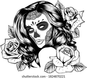 Woman Skull Flowers Tattoo Art Coloring Stock Vector (royalty Free 