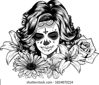 Human skull and flower wreath. Los muertos. Vector illustration.