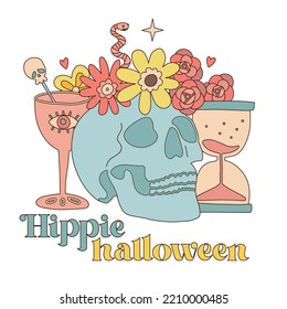 Human skull with flower wreath, magic goblet and hourglass. Los muertos concept in bohostyle. Retro 70s Halloween concept. Hippie dead head. Vector linear hand drawn illustration.