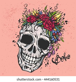 Human skull with flower wreath of roses and wild flowers. Beautiful bohemian chic vector illustration. Colorful boho t-shirt print, old school tattoo design.