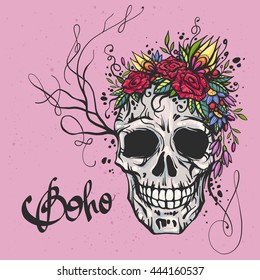 Human skull with flower wreath of roses and wild flowers. Beautiful bohemian chic vector illustration. Colorful boho t-shirt print, old school tattoo design.