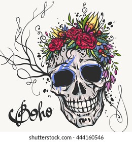 Human skull with flower wreath of roses and wild flowers. Beautiful bohemian chic vector illustration. Colorful boho t-shirt print, old school tattoo design.