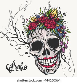 Human skull with flower wreath of roses and wild flowers. Beautiful bohemian chic vector illustration. Colorful boho t-shirt print, old school tattoo design.