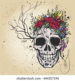 Human skull with flower wreath of roses and wild flowers. Beautiful bohemian chic vector illustration. Colorful boho t-shirt print, old school tattoo design.