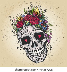 Human skull with flower wreath of roses and wild flowers. Beautiful bohemian chic vector illustration. Colorful boho t-shirt print, old school tattoo design.