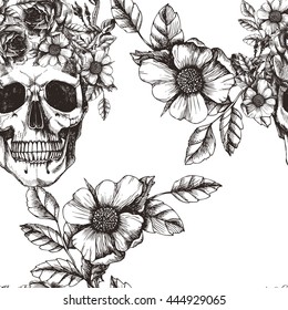 Human skull with flower wreath and roses. Los muertos. Vector seamless pattern in trendy style. Fashion illustartion.