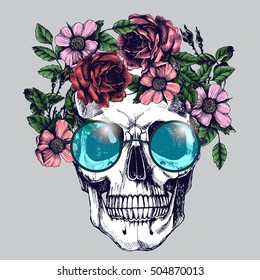 Human skull with flower wreath and round blue sunglasses. Los muertos. Hippie dead. Vector illustration.