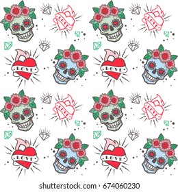 Human skull in flower wreath seamless pattern. Los muertos. Vector illustration.