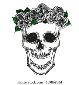 Human skull with flowers