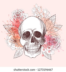 Human skull with flowers. Design element. Vector illustration