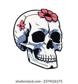 Human skull with flowers design vector illustration isolated on a white background, Good for print, t-shirt, stickers, etc.