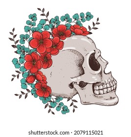 Cráneo humano y flores, ilustración a mano. Ilustración vectorial. Tatuaje vintage. Flor de cráneo y camellia. Diseño de camisetas.