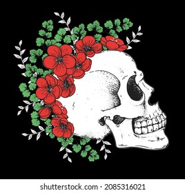 Human Skull and flowers, hand drawn illustration. Vector illustration. Tattoo vintage print. Skull and camellia flower . T-shirt design.