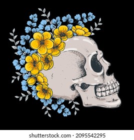 Human Skull and flowers, hand drawn illustration. Vector illustration. Tattoo vintage print. Skull and camellia flower . T-shirt design.