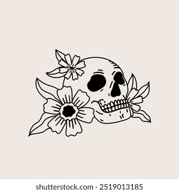 Human skull and flowers. Hand drawn illustration card in sketch style.