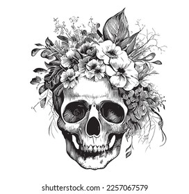 Human skull with flowers instead of hair hand drawn sketch Vector illustration