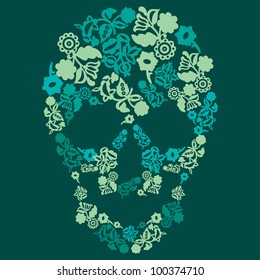 Human skull in flowers, isolated