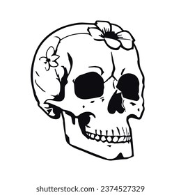 Human skull with flowers outlines design vector illustration isolated on a white background, Good for print, t-shirt, tattoo, etc.