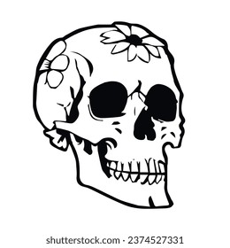 Human skull with flowers outlines design vector illustration isolated on a white background, Good for print, t-shirt, tattoo, etc.