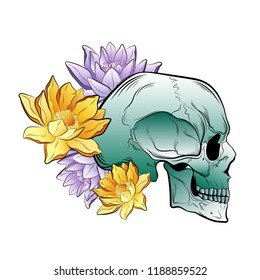 Human skull with flowers, retro style, tattoo sketch on a white background