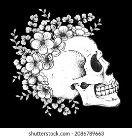 Human Skull and flowers sketch, hand drawn illustration. Vector illustration. Tattoo vintage print. Skull and camellia flower . T-shirt design. Black and white.