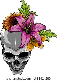 human Skull and Flowers Vector Illustration design