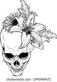 human Skull and Flowers Vector Illustration design