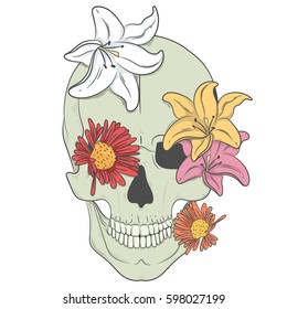 Human skull with flowers. Vector illustration, print