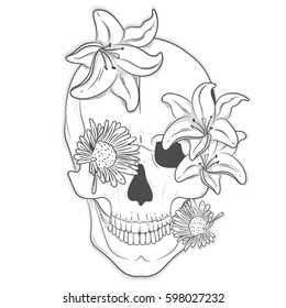 Human skull with flowers. Vector illustration, print