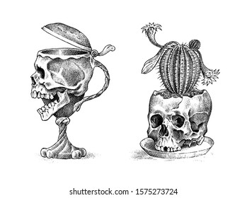 Human skull in the form of a wine goblet and cactus. Retro old school sketch for tattoo in vintage style. Monochrome Symbol. Hand drawn engraved retro badge for t-shirt, banner, poster and logo.