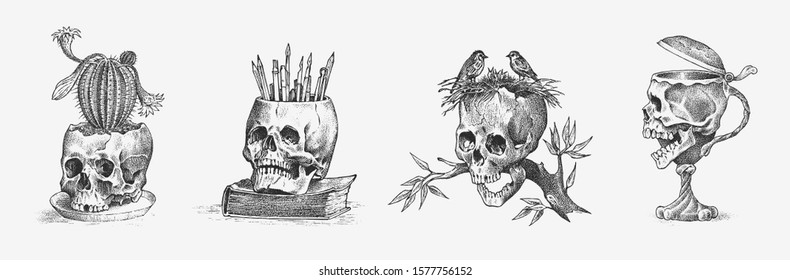 Human skull in the form of a wine goblet, cactus and birds. Retro old school sketch for tattoo in vintage style. Monochrome Symbol. Hand drawn engraved retro badge for t-shirt, banner, poster and logo