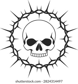 Human skull framed inside a black thorny crown vector illustration