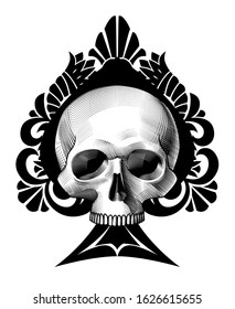 Human skull full face in ace of spades. Vintage engraving stylized drawing. Vector illustration