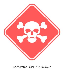 Human skull in full face and crossbones. Isolated illustration in flat styleon a red warning square. Poison sign and symbol for design. An image of danger to humans. Icon of hazard to life. Vector.
