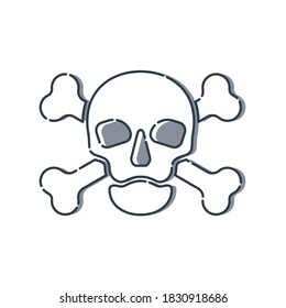 Human skull in full face and crossbones behind. Isolated illustration in flat style on white background. Poison sign and symbol for design. An image of danger to humans. Icon of hazard to life. Vector