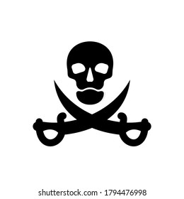 Human skull in full face and crossed sabers. Pirate sign and symbol for design. Isolated illustration in flat style on white background. An image of danger to humans. Icon of hazard to life. Vector.
