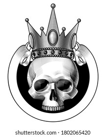 Human skull full face in crown and a retro ribbon banner isolated on white. Black and white tattoo symbol. Vector illustration