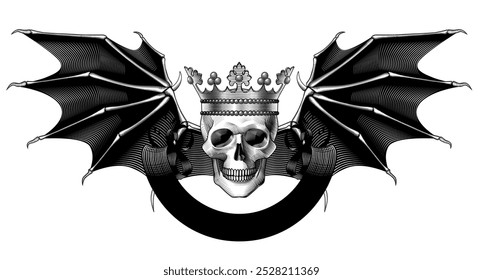 Cráneo humano cara completa con una corona y las alas abiertas de un murciélago y Anuncio de cinta negro aislado en blanco. Gráfico en estilo de grabado vintage en blanco y negro. Ilustración vectorial