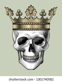 Human skull full face with a gold crown. Vintage engraving stylized drawing. Vector illustration