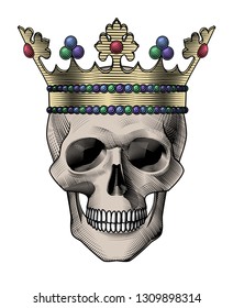 Human skull full face with a gold crown. Vintage engraving stylized drawing. Vector illustration