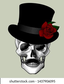Human skull full face with mustache and black Top hat with red rose. Vintage engraving stylized drawing. Vector illustration