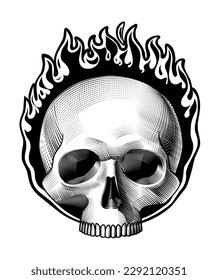 Human skull full face in a ring of fire isolated on white. Vintage engraving stylized drawing. Vector illustration