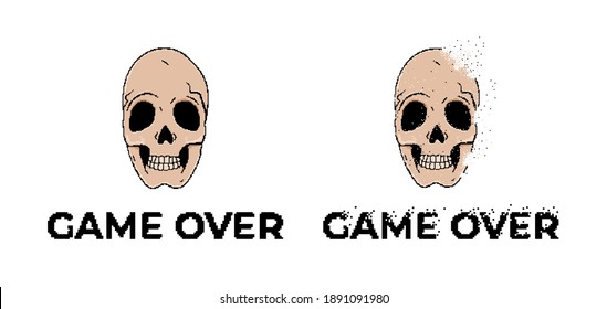 Human skull and game over pixel art isolated on white background