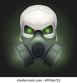 Human skull with gas mask. Chemical industry. Party poster. Vector isolated on dark background.